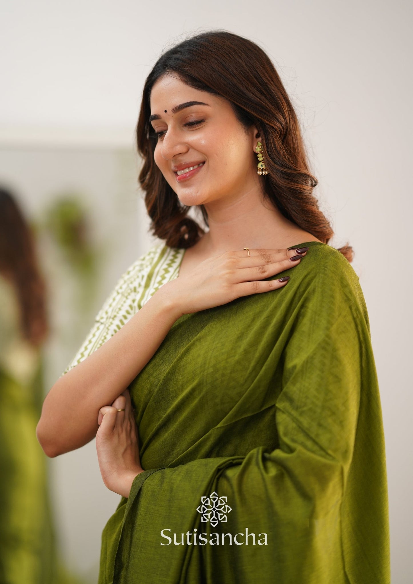 Dhiyona SS Sutisancha Mehndi Handloom Cotton Saree With Designer Blouse