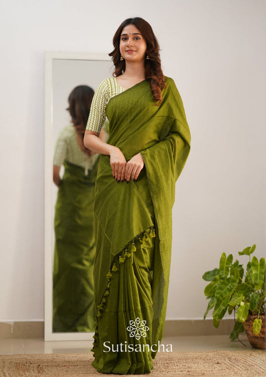 Dhiyona SS Sutisancha Mehndi Handloom Cotton Saree With Designer Blouse