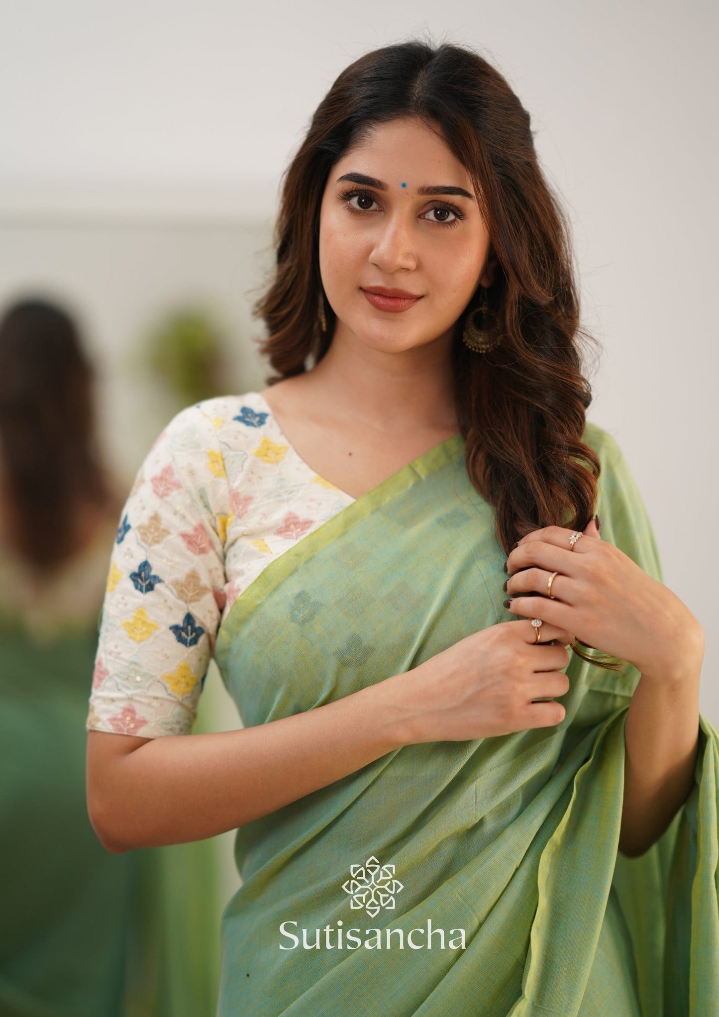 Dhiyona SS Sutisancha Pistachio Green Handloom Cotton Saree With Designer Blouse