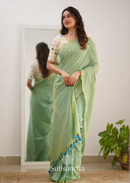 Dhiyona SS Sutisancha Pistachio Green Handloom Cotton Saree With Designer Blouse
