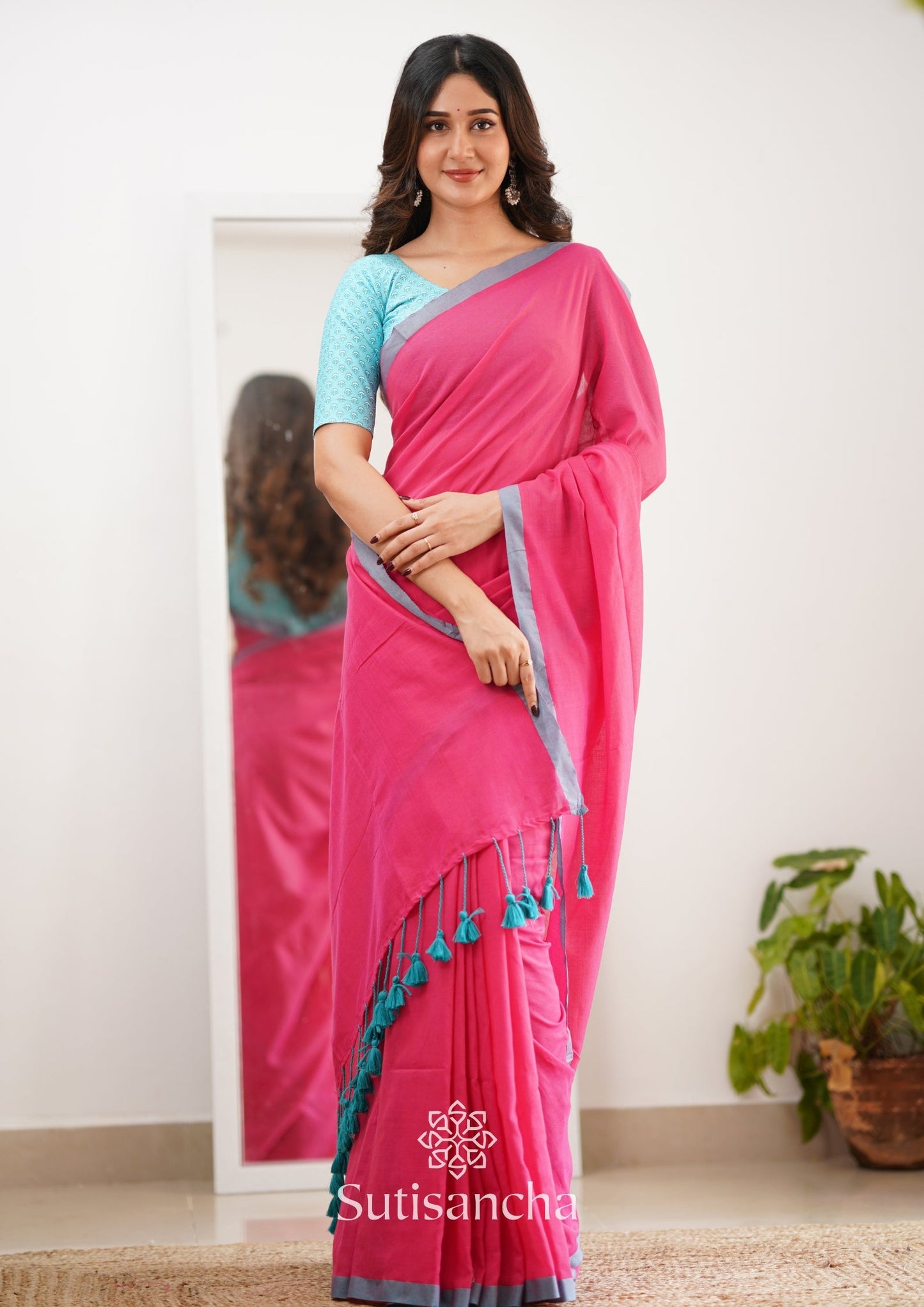 Dhiyona SS Sutisancha Pink Handloom Cotton Saree With Designer Blouse