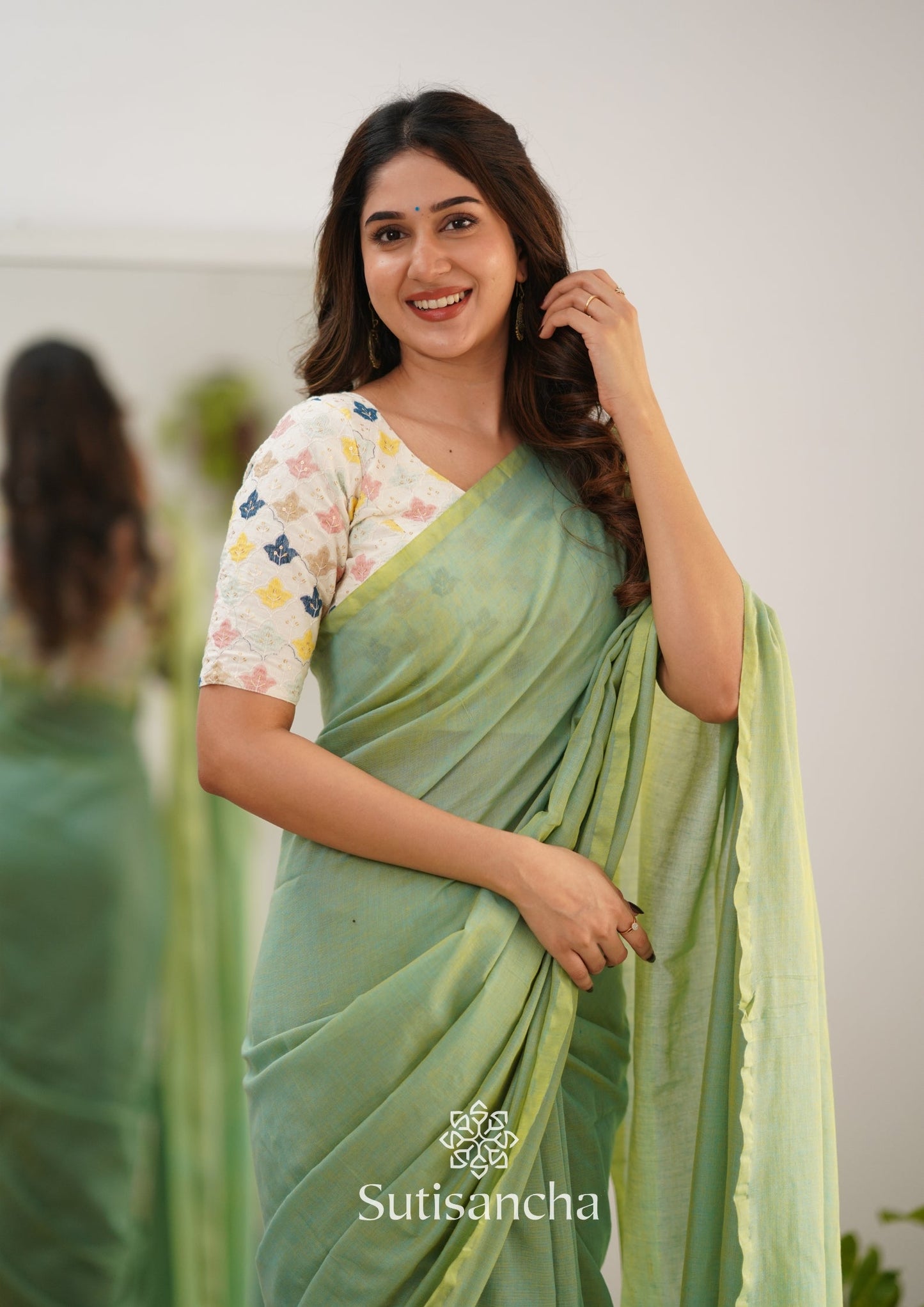 Dhiyona SS Sutisancha Pistachio Green Handloom Cotton Saree With Designer Blouse