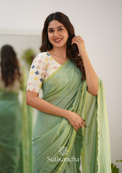 Dhiyona SS Sutisancha Pistachio Green Handloom Cotton Saree With Designer Blouse