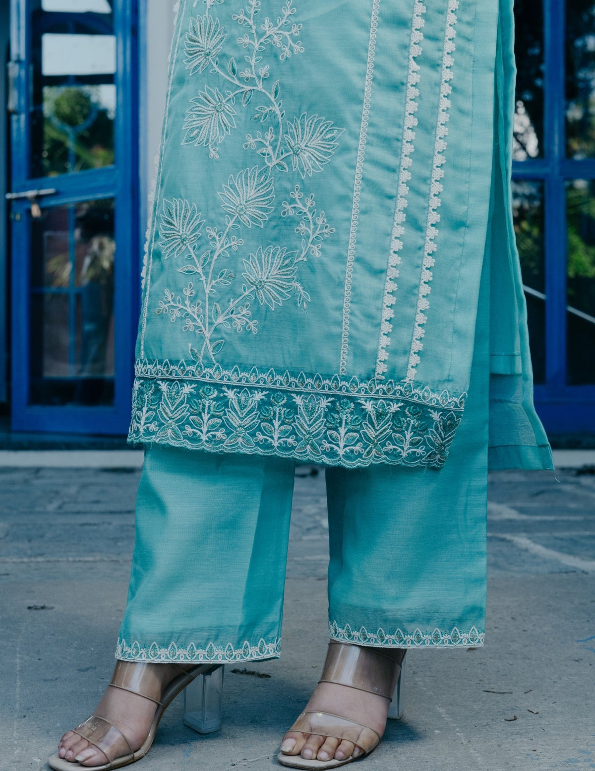Ibadat chanderi embroidery blue suit set