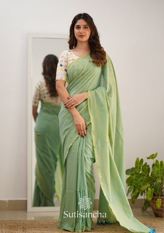 Dhiyona SS Sutisancha Pistachio Green Handloom Cotton Saree With Designer Blouse