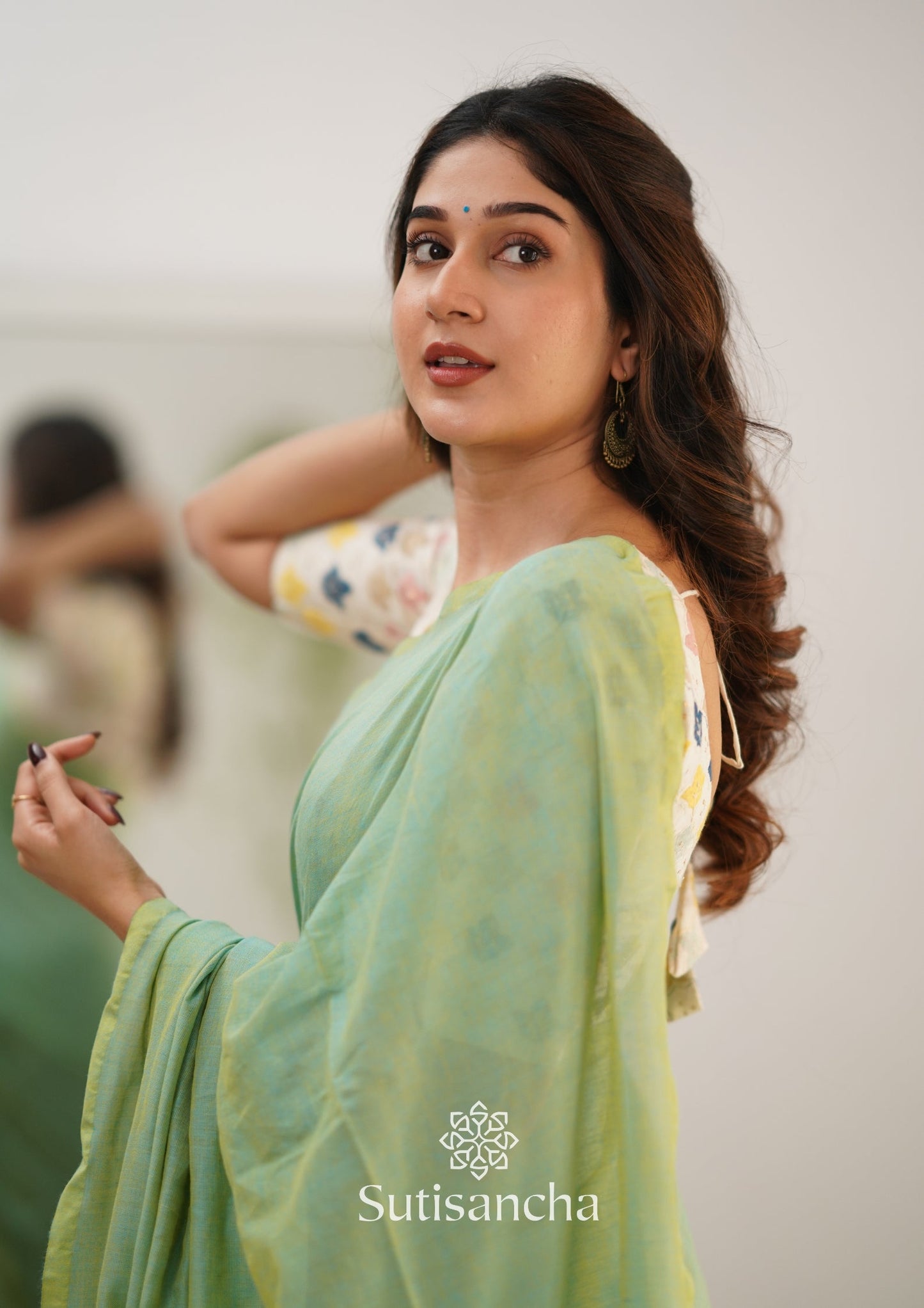 Dhiyona SS Sutisancha Pistachio Green Handloom Cotton Saree With Designer Blouse