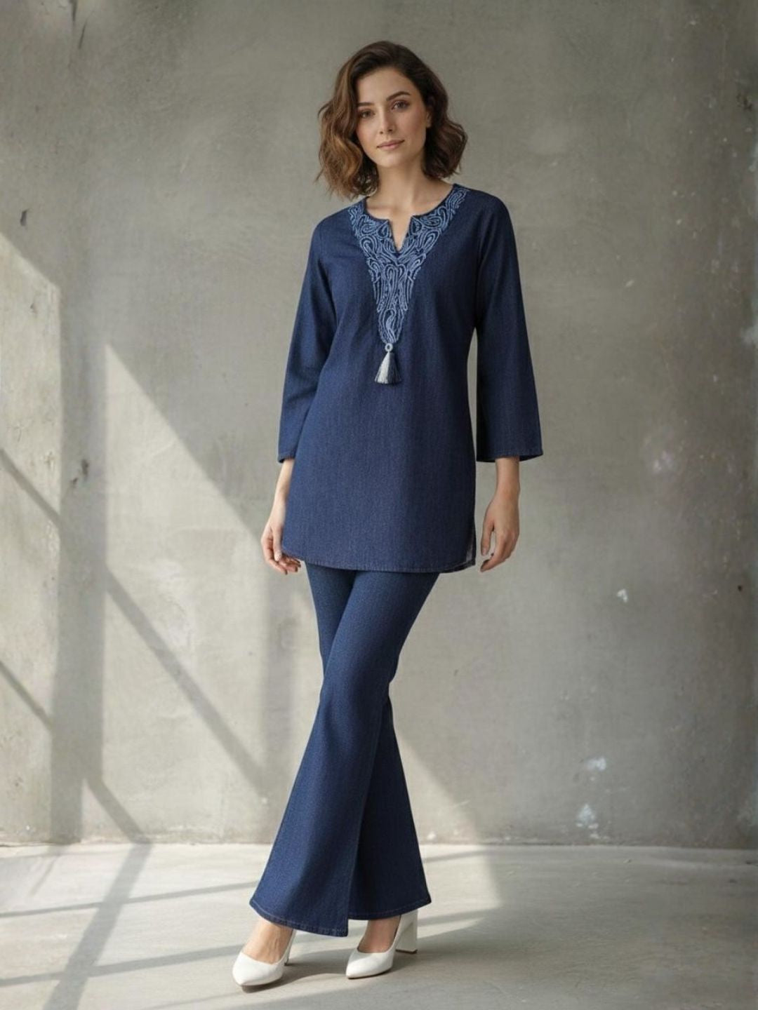 Prisha lapis denim embroidery co-ord set