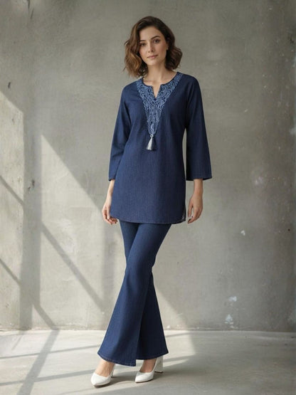 Prisha lapis denim embroidery co-ord set