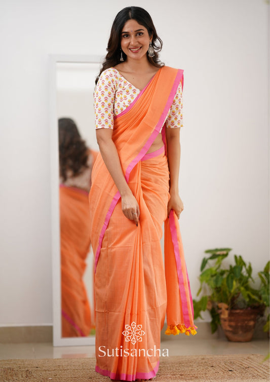 Dhiyona SS Sutisancha Peachpink Handloom Cotton Saree With Designer Blouse