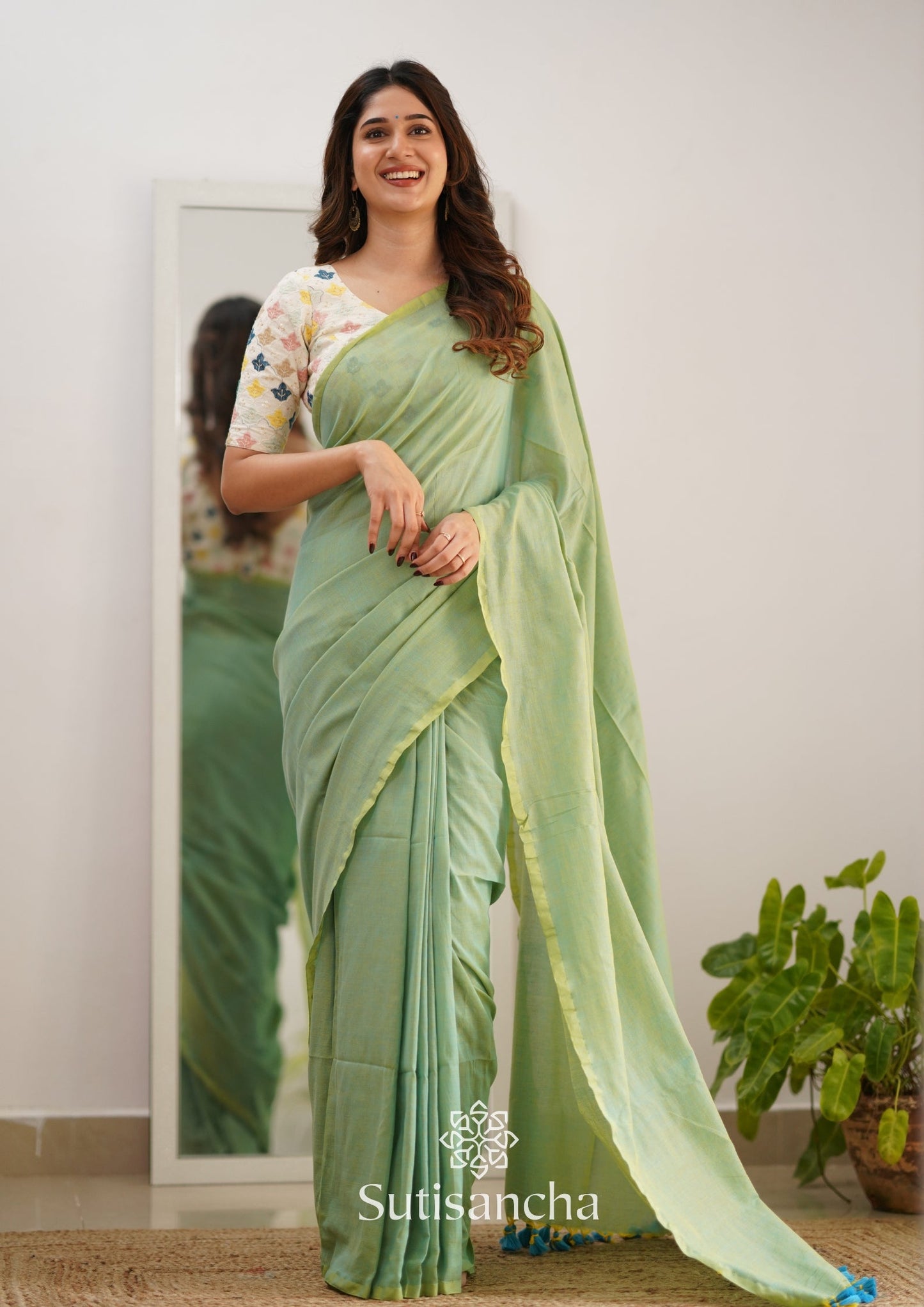 Dhiyona SS Sutisancha Pistachio Green Handloom Cotton Saree With Designer Blouse