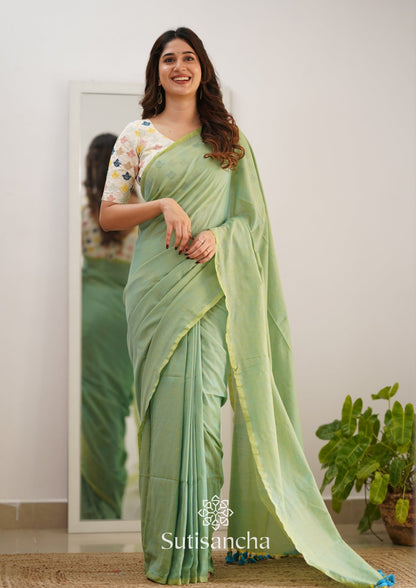 Dhiyona SS Sutisancha Pistachio Green Handloom Cotton Saree With Designer Blouse