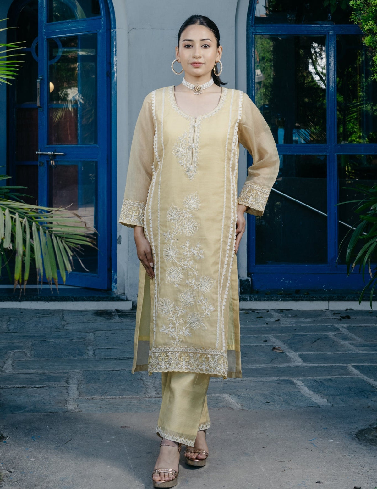 Ibadat chanderi embroidered yellow suit set