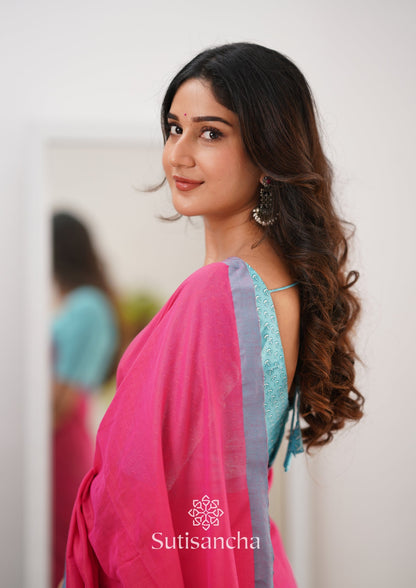 Dhiyona SS Sutisancha Pink Handloom Cotton Saree With Designer Blouse