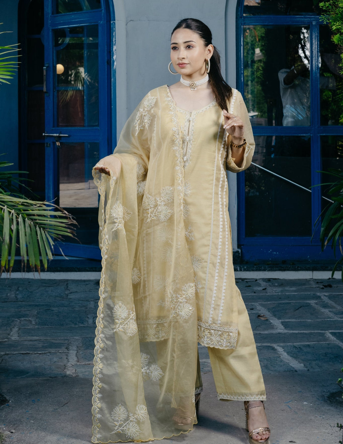 Ibadat chanderi embroidered yellow suit set