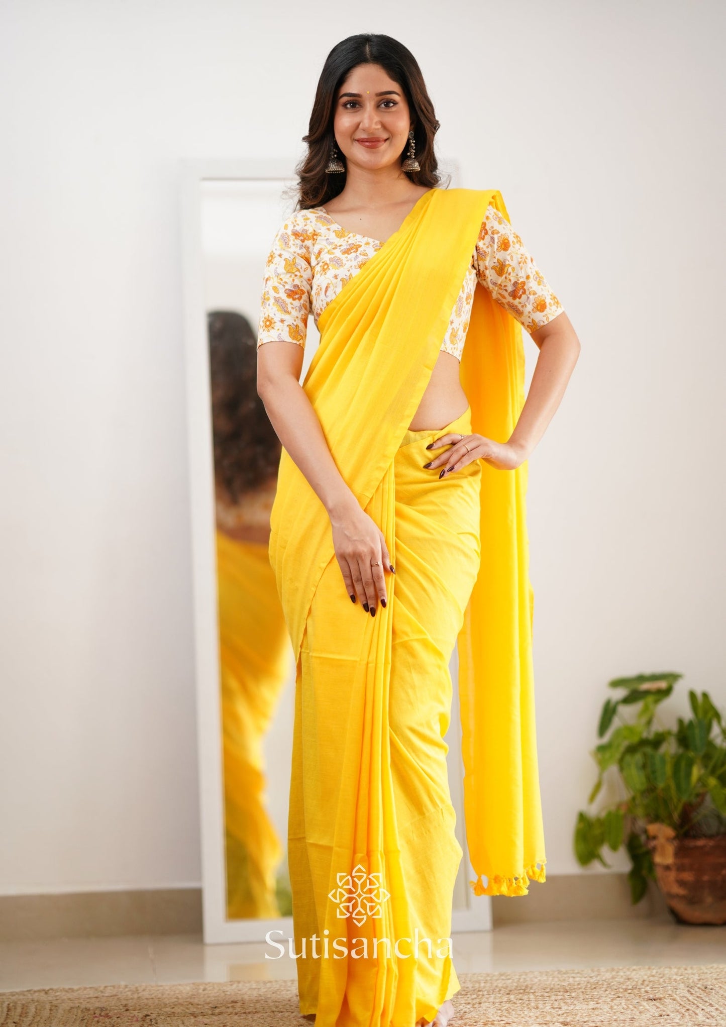 Dhiyona SS Sutisancha Yellow Handloom Cotton Saree With Designer Blouse
