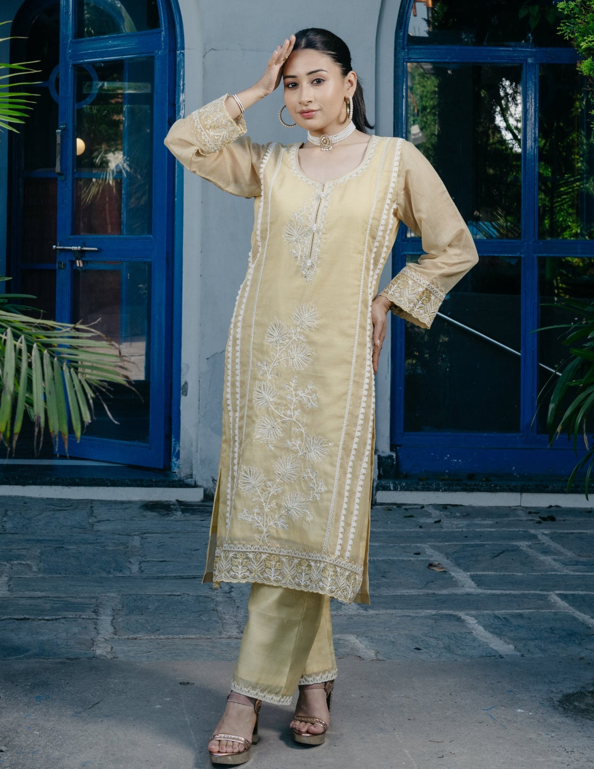Ibadat chanderi embroidered yellow suit set
