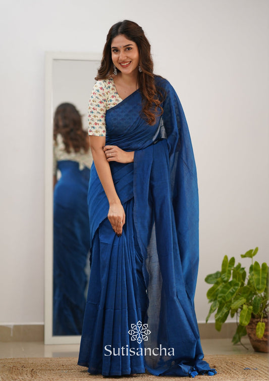 Dhiyona SS Sutisancha Indigo Handloom Cotton Saree & Designer Blouse