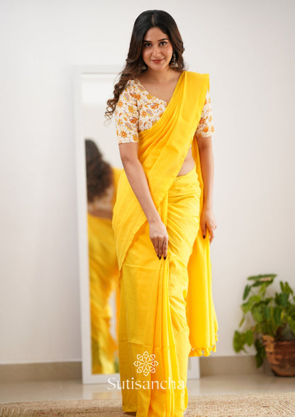 Dhiyona SS Sutisancha Yellow Handloom Cotton Saree With Designer Blouse