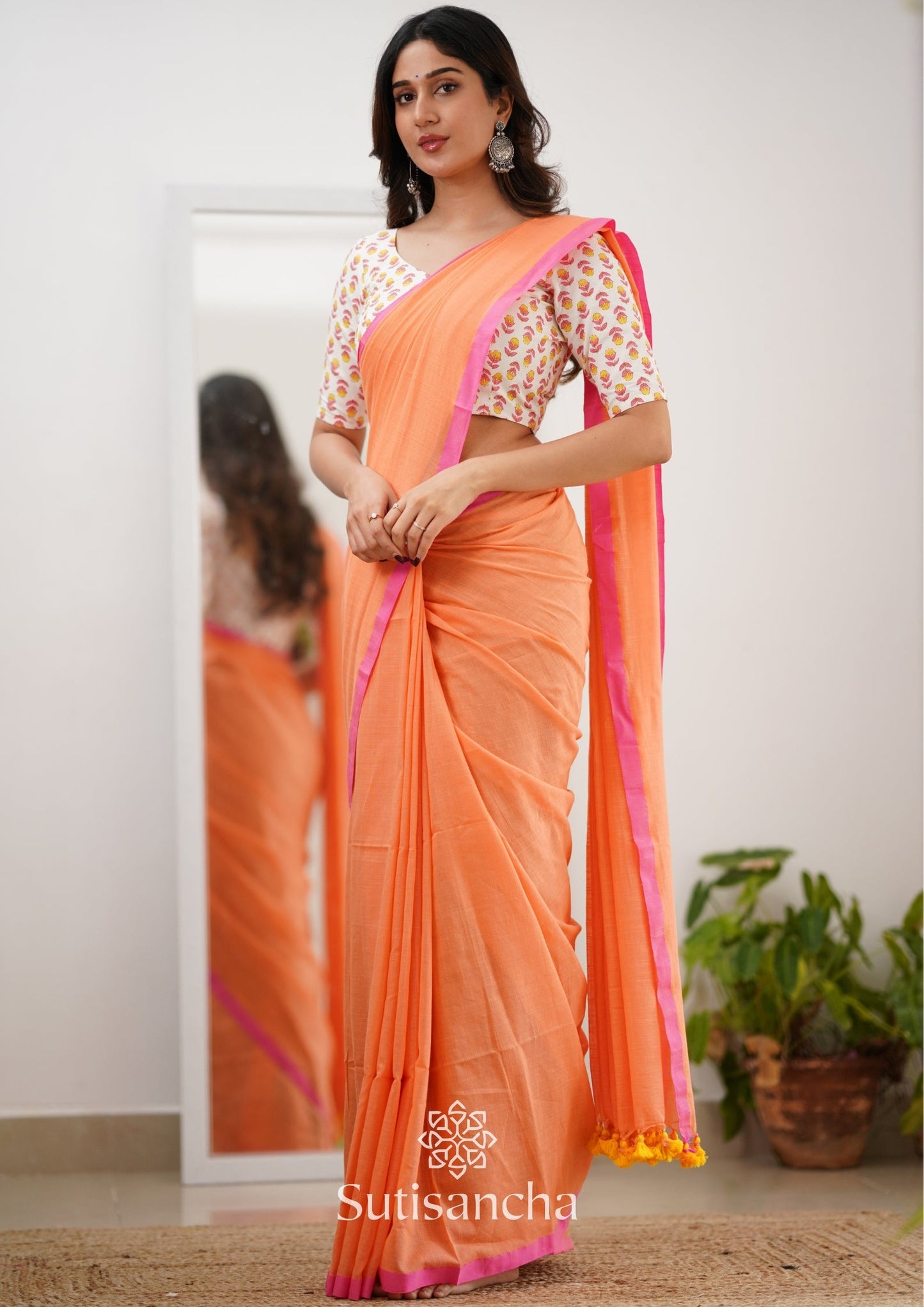 Dhiyona SS Sutisancha Peachpink Handloom Cotton Saree With Designer Blouse