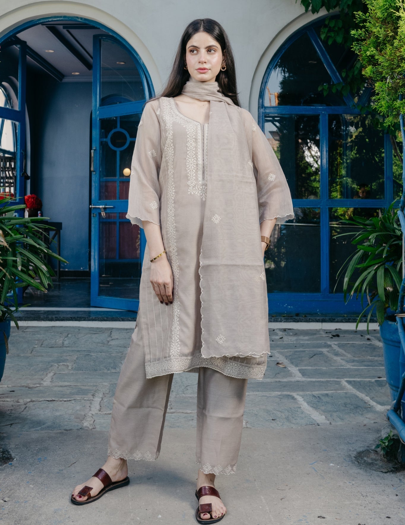 Noor mul chanderi embroidered beige suit set