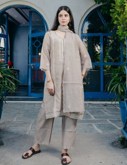Noor mul chanderi embroidered beige suit set