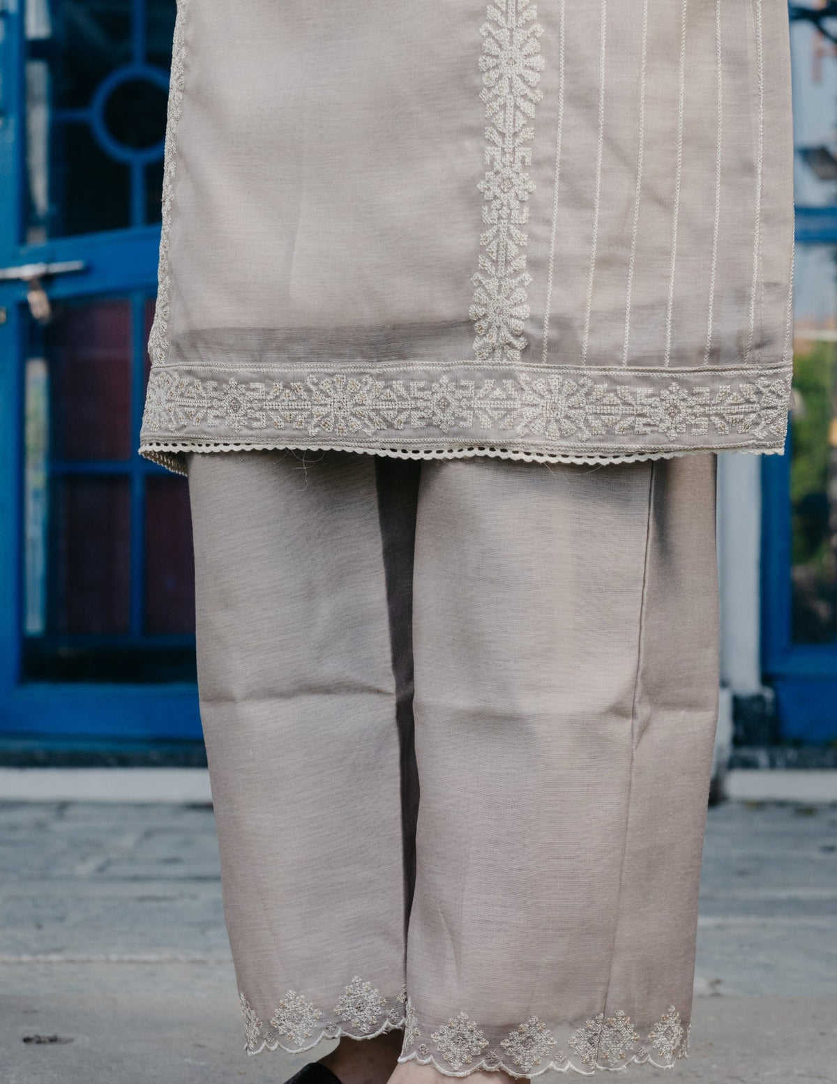 Noor mul chanderi embroidered beige suit set