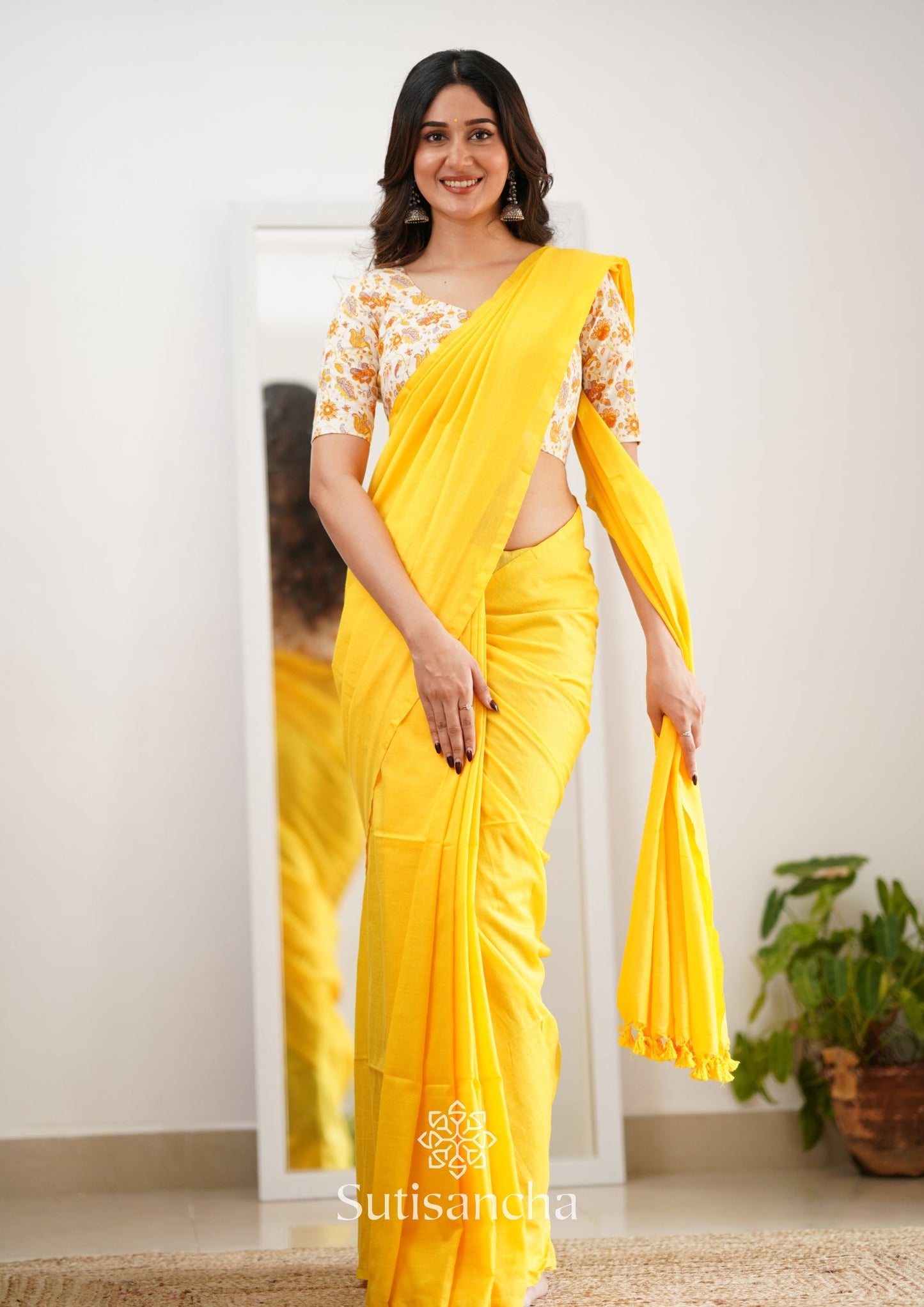 Dhiyona SS Sutisancha Yellow Handloom Cotton Saree With Designer Blouse
