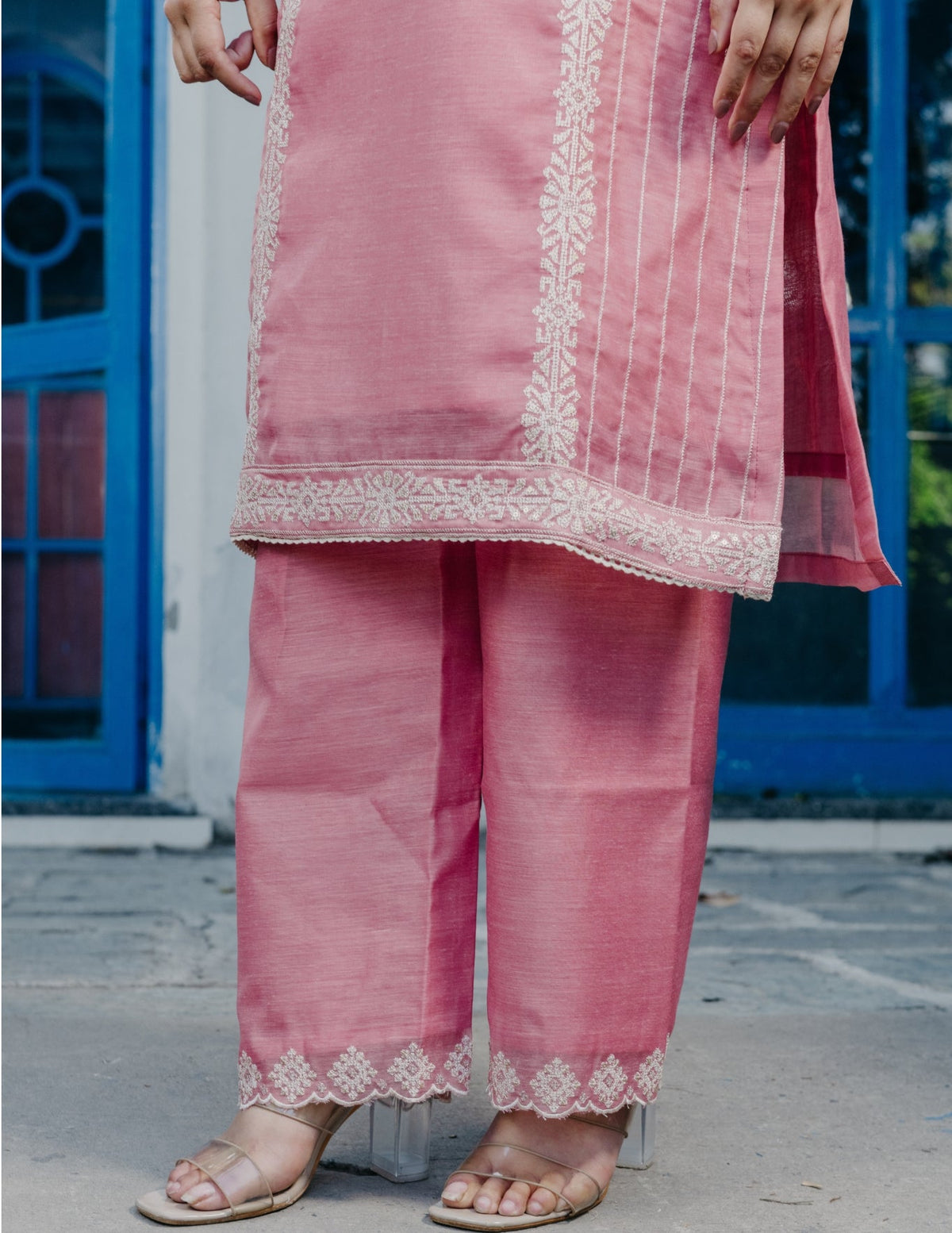 Noor mul chanderi embroidery peach suit set