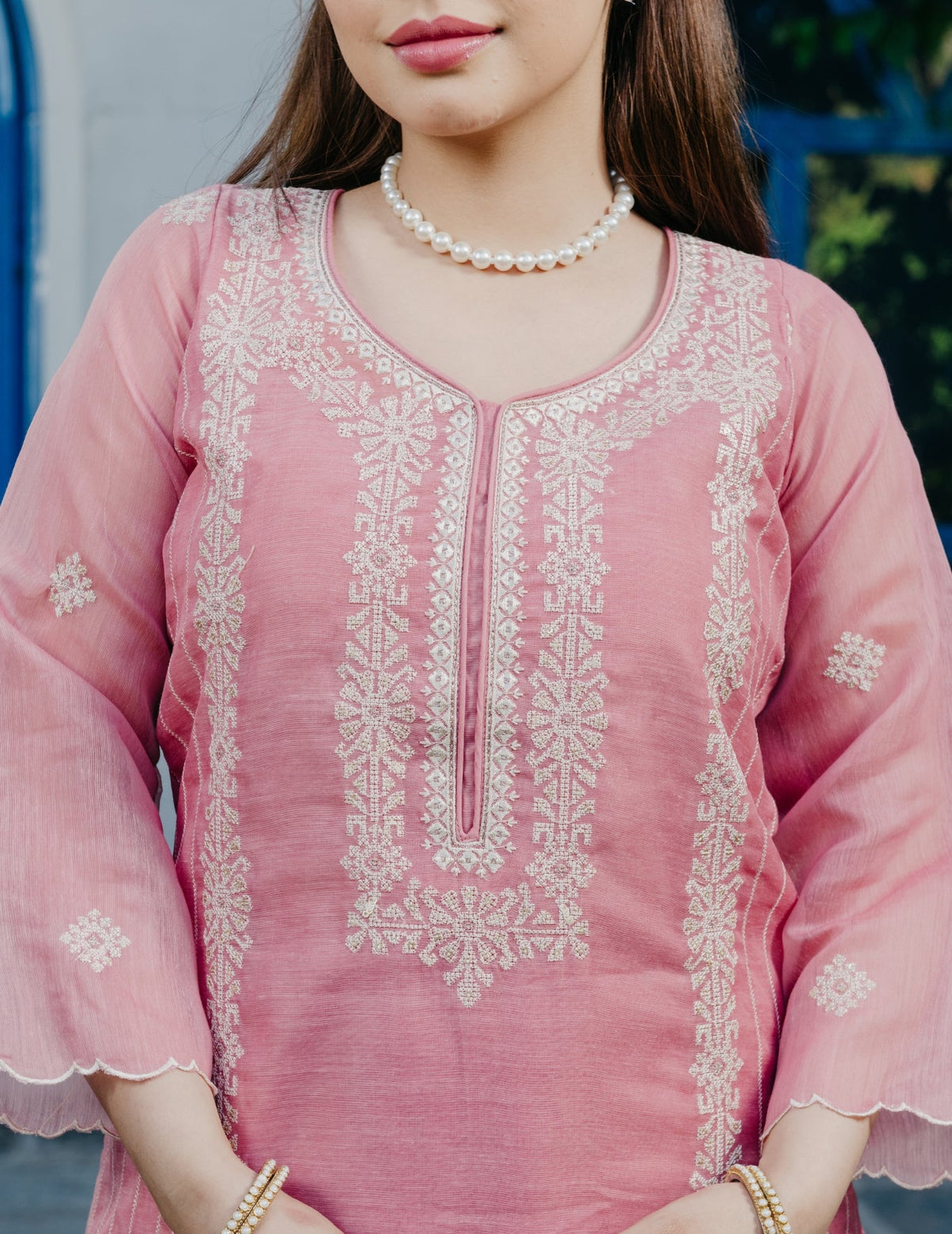Noor mul chanderi embroidery peach suit set
