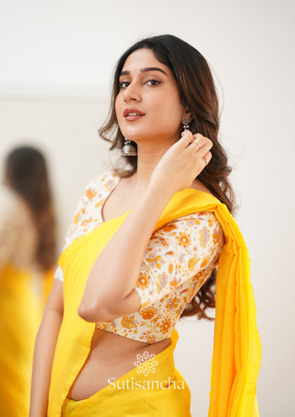 Dhiyona SS Sutisancha Yellow Handloom Cotton Saree With Designer Blouse