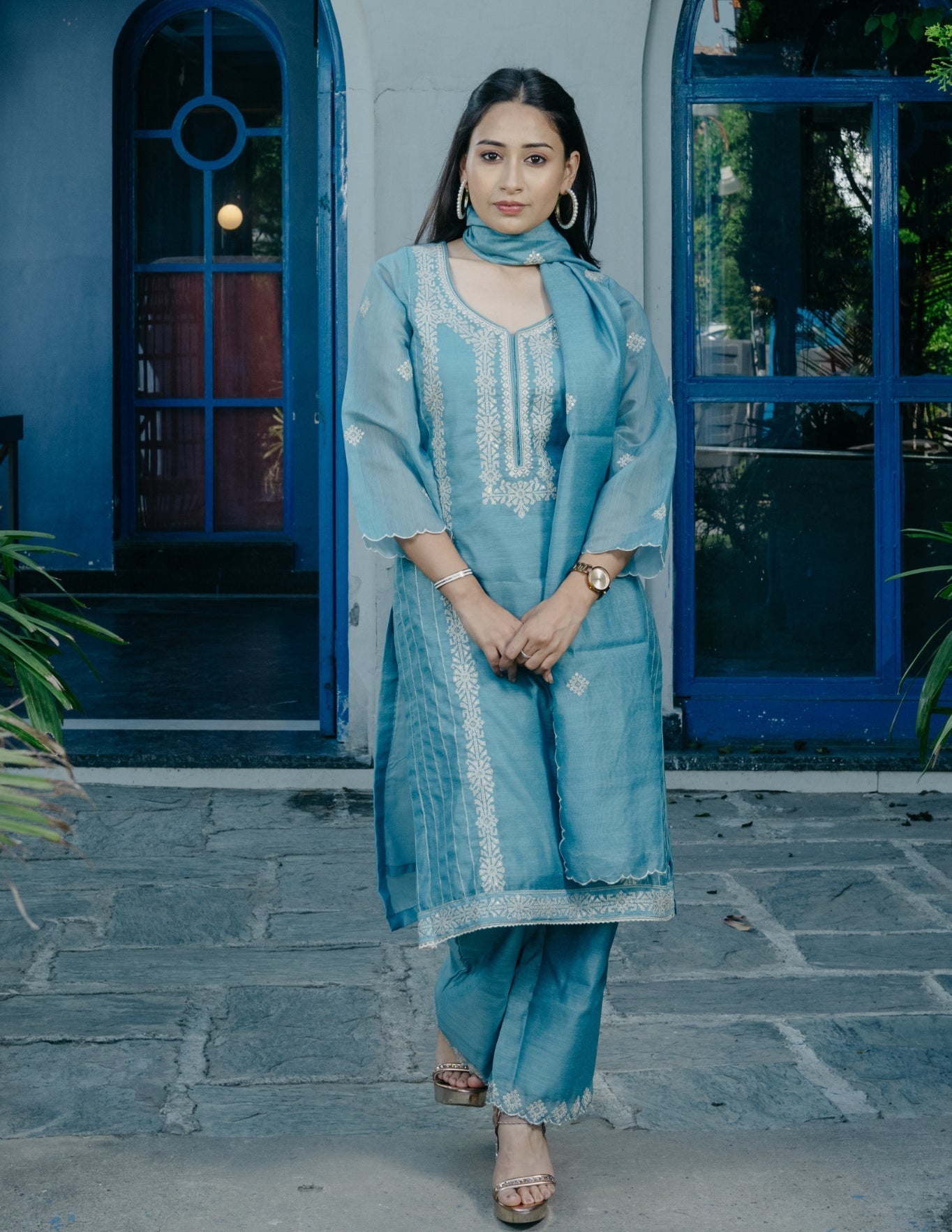 Noor mul chanderi  embroidered blue  suit set