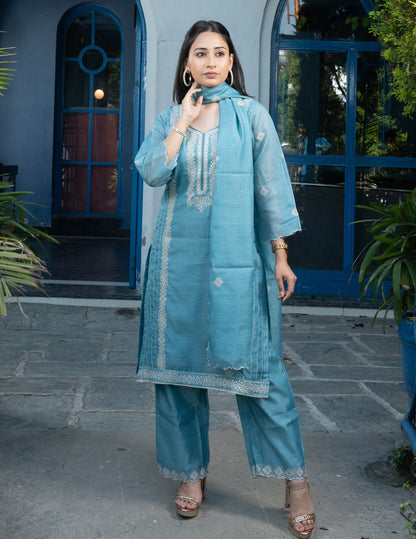Noor mul chanderi  embroidered blue  suit set