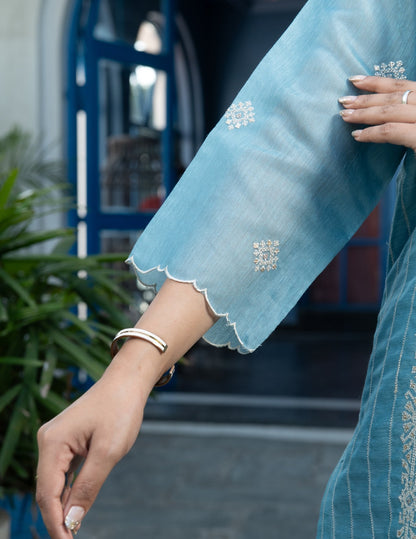 Noor mul chanderi  embroidered blue  suit set