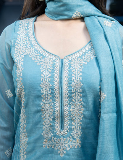 Noor mul chanderi  embroidered blue  suit set