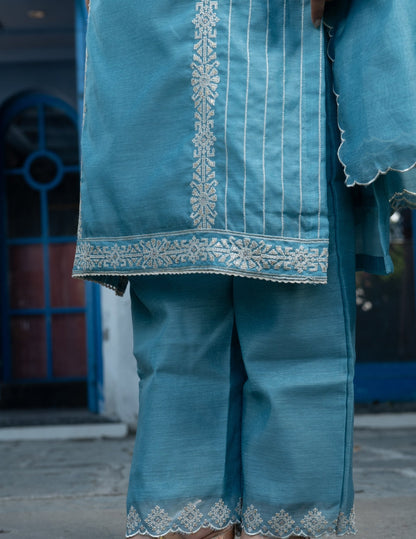 Noor mul chanderi  embroidered blue  suit set