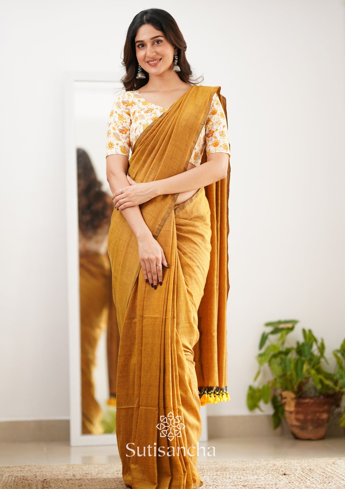 Dhiyona SS Sutisancha Mustard Handloom Cotton Saree With Designer Blouse