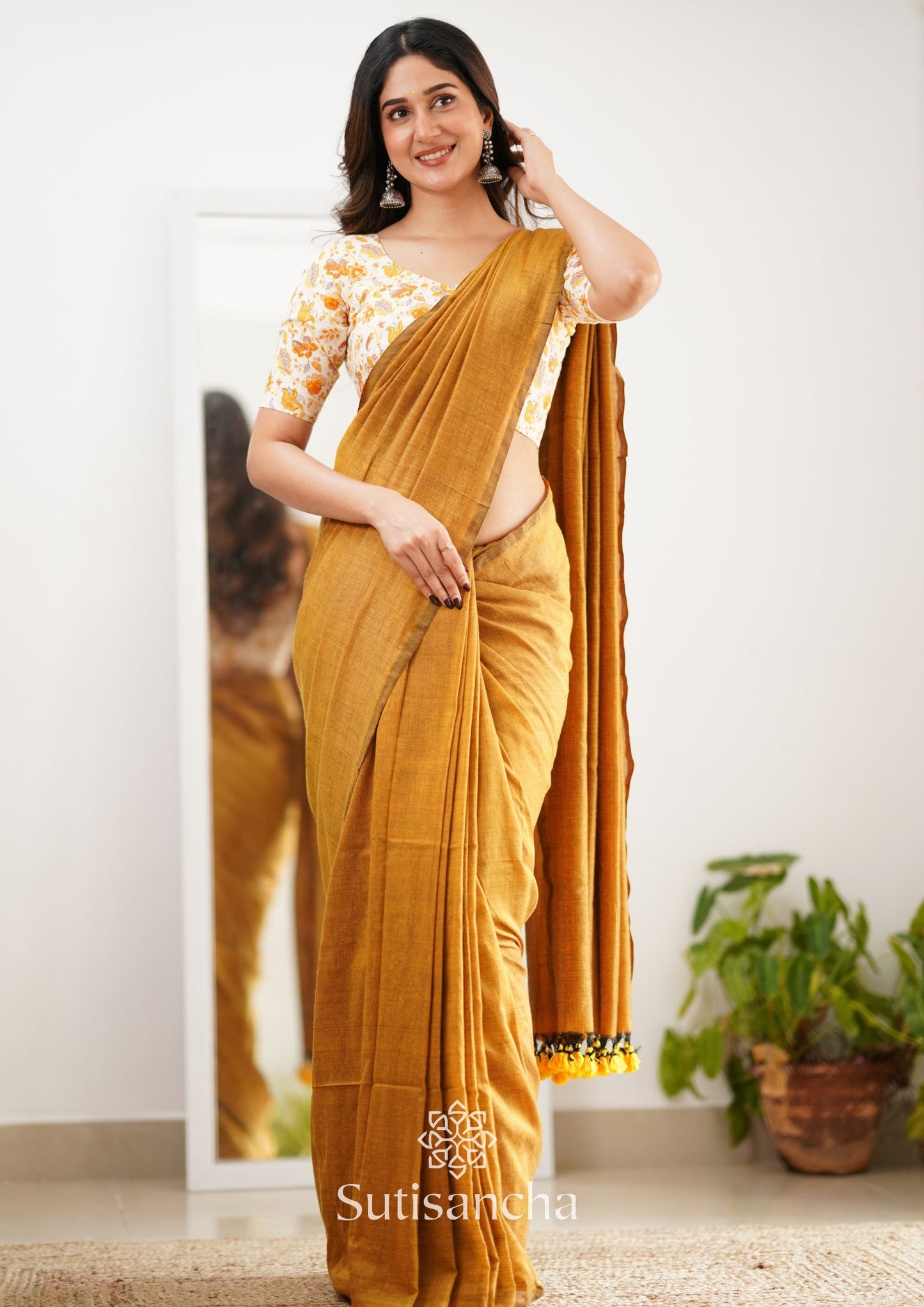 Dhiyona SS Sutisancha Mustard Handloom Cotton Saree With Designer Blouse