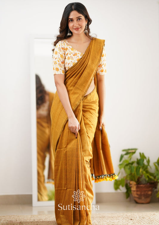 Dhiyona SS Sutisancha Mustard Handloom Cotton Saree With Designer Blouse