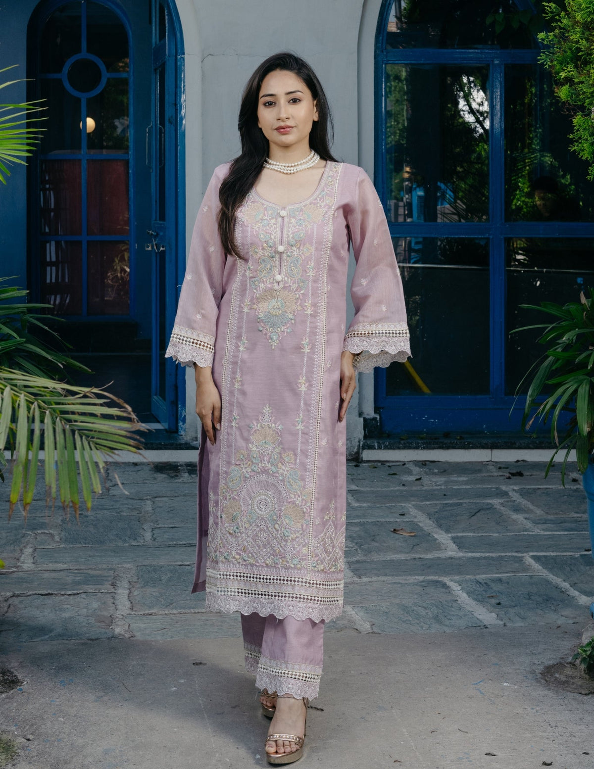 Inaya mul chanderi embroidered purple suit set