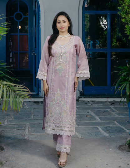Inaya mul chanderi embroidered purple suit set