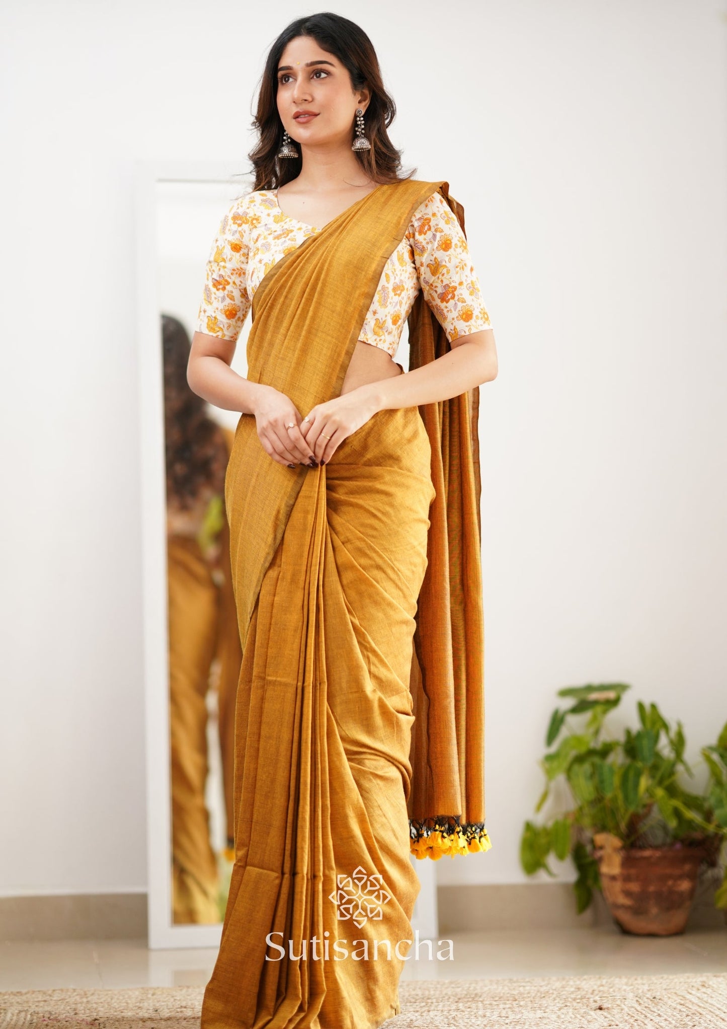 Dhiyona SS Sutisancha Mustard Handloom Cotton Saree With Designer Blouse