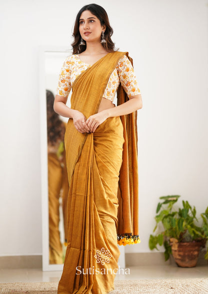 Dhiyona SS Sutisancha Mustard Handloom Cotton Saree With Designer Blouse