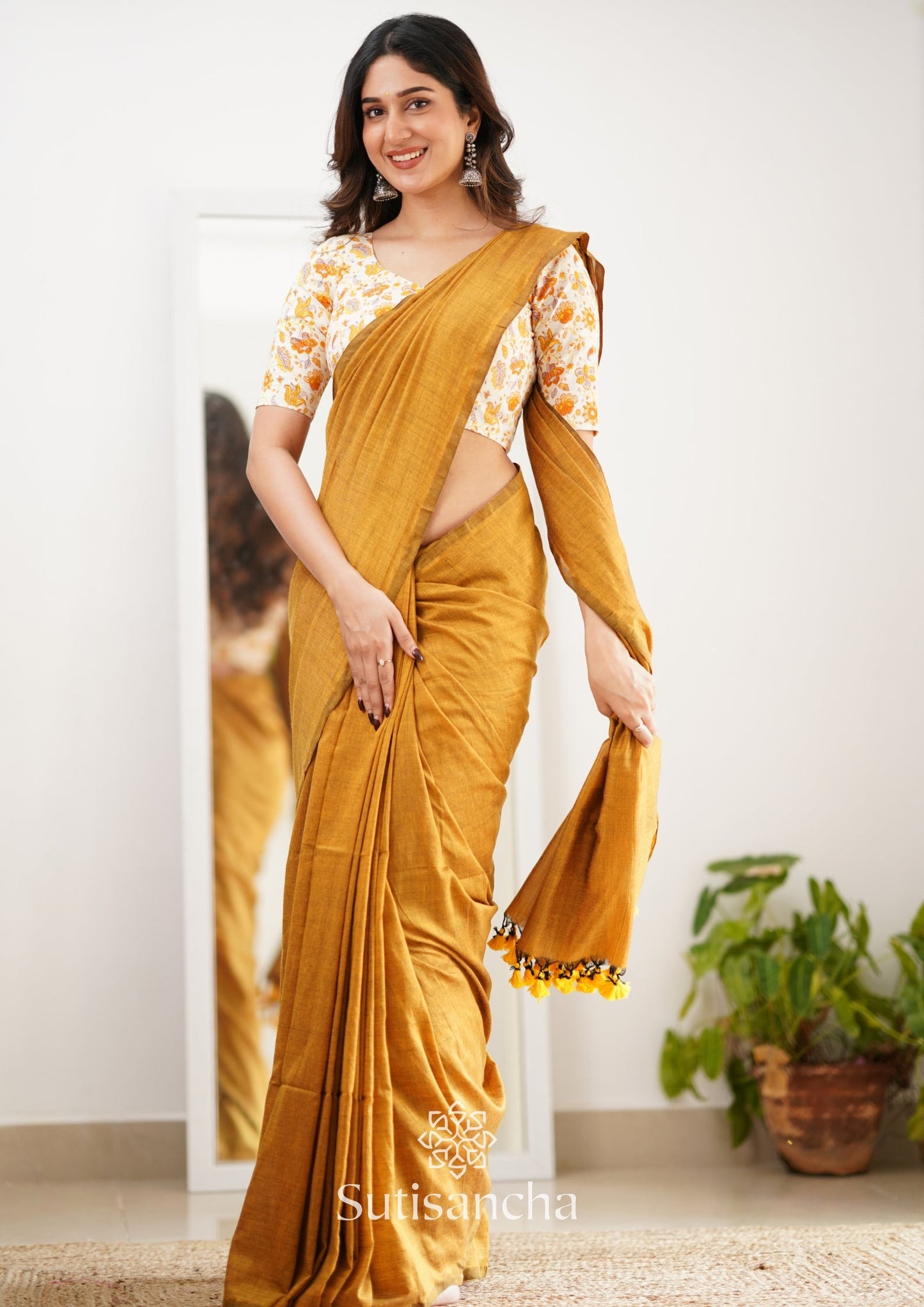 Dhiyona SS Sutisancha Mustard Handloom Cotton Saree With Designer Blouse
