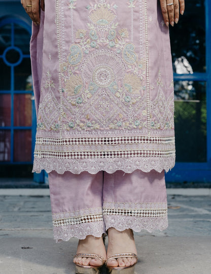 Inaya mul chanderi embroidered purple suit set