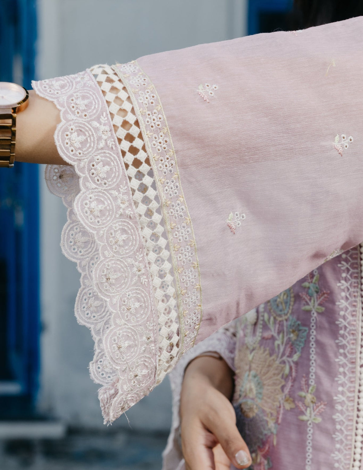 Inaya mul chanderi embroidered purple suit set