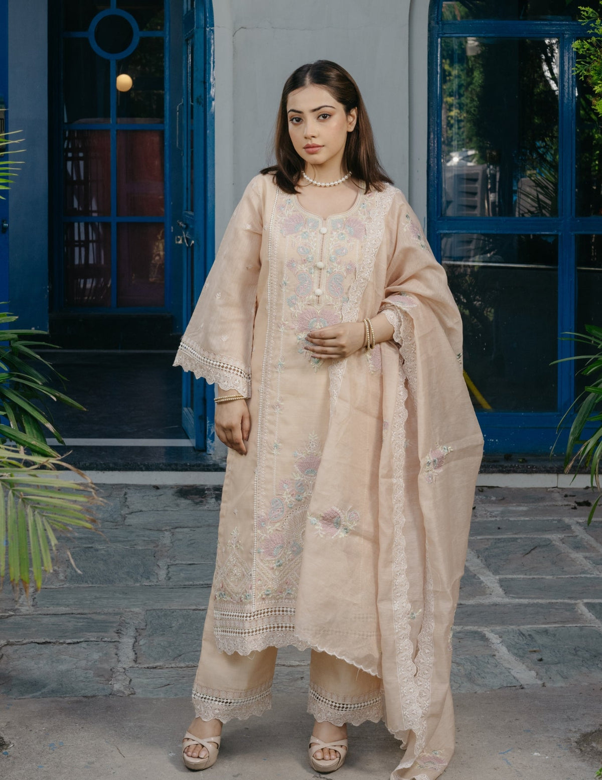 Inaya mul chanderi embroidered yellow suit set