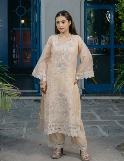 Inaya mul chanderi embroidered yellow suit set