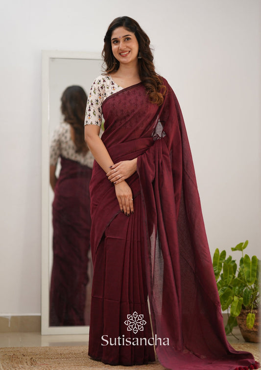 Dhiyona SS Sutisancha Maroon Handloom Cotton Saree Saree With Designer Blouse
