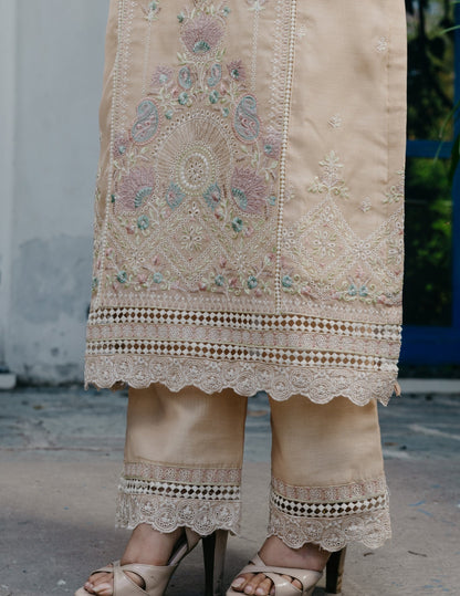 Inaya mul chanderi embroidered yellow suit set