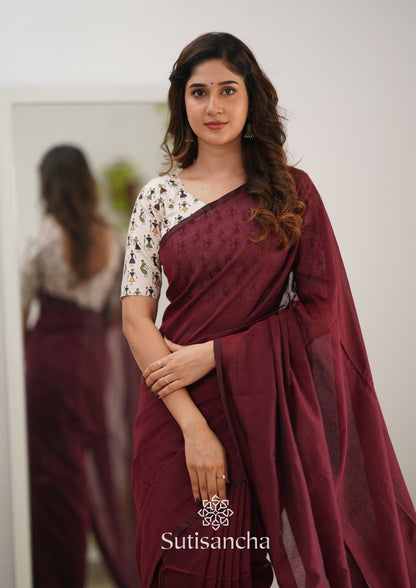 Dhiyona SS Sutisancha Maroon Handloom Cotton Saree Saree With Designer Blouse